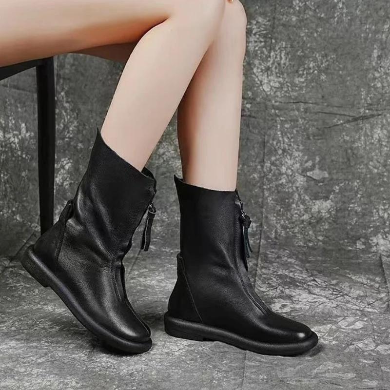 Femmes mi-mollet bottes mode peluche chaud chaussures d'hiver de haute qualité en cuir souple bottes décontractées pour femme chaussures de créateur Botas Mujer