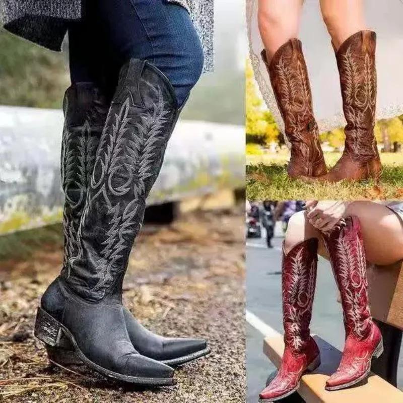 2025 nouvelle marque broder Design femmes genou bottes hautes bout pointu talon brut femme bottes longues dames élégant Slim Fit bottes