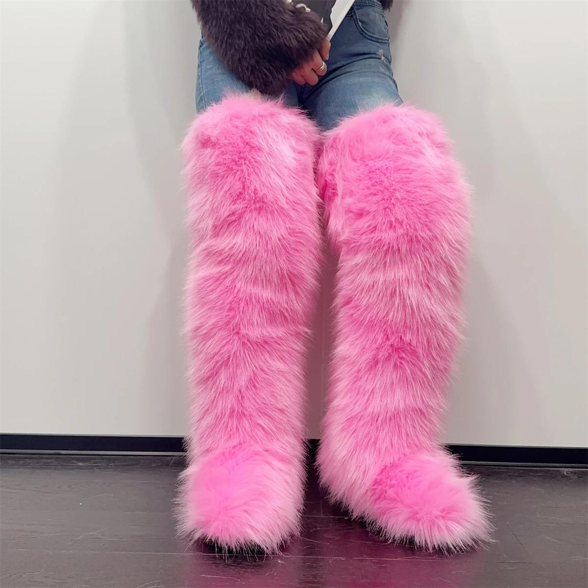 Femmes Faux renard cuissardes fausse fourrure bottes hiver chaud avec fourrure à l'intérieur nouveau concepteur en peluche genou haute fourrure bottes