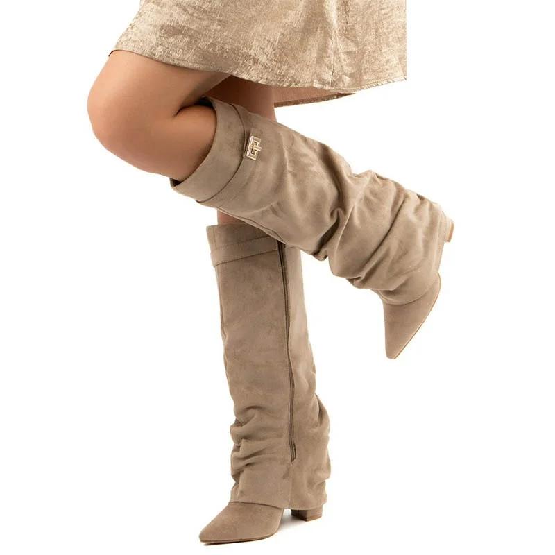 2025 nouveau Style boucle en métal femmes bottes hautes bout pointu talon brut couleur unie femme bottes longues qualité dames chaussures