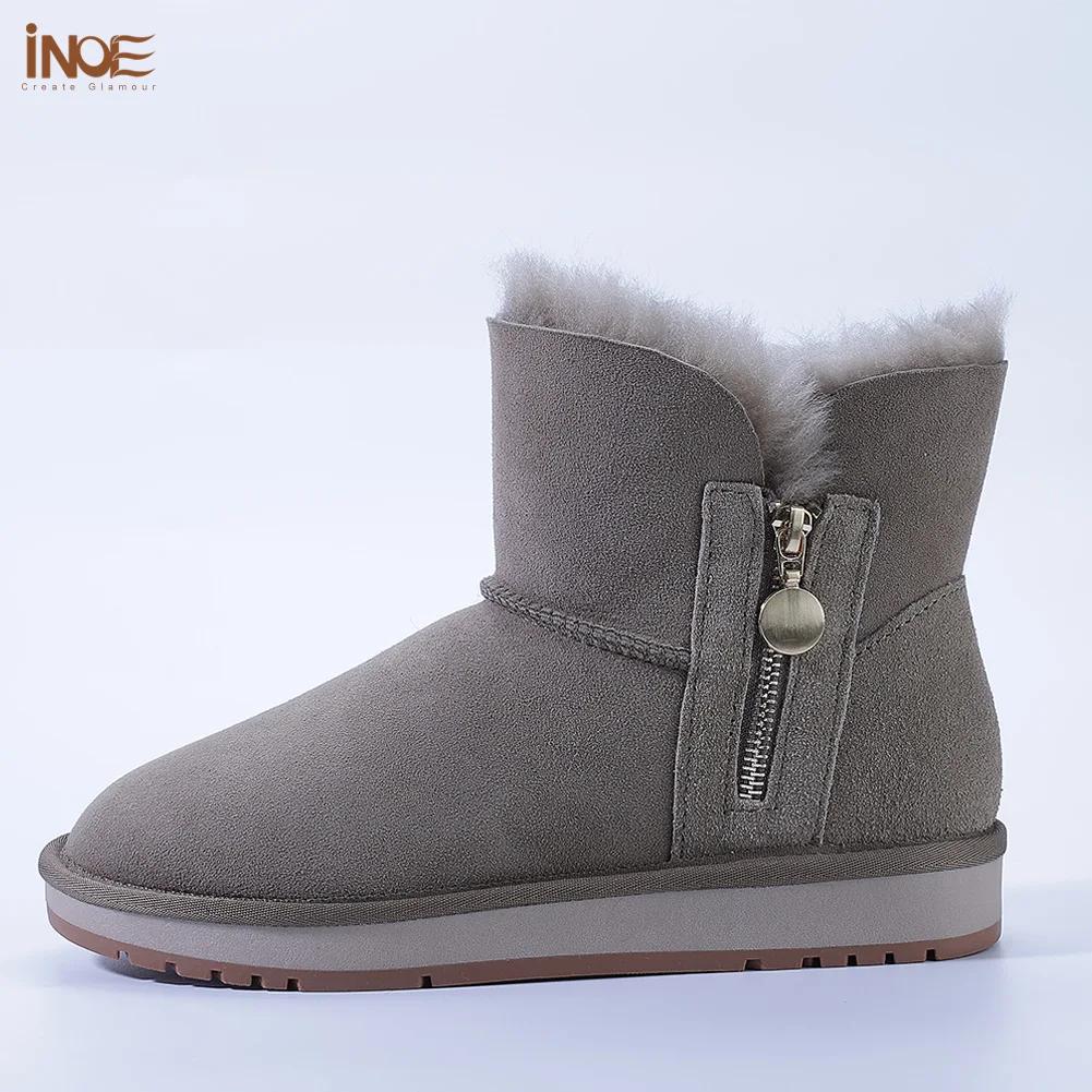 INOE mode femmes cheville hiver bottes de neige avec fermeture éclair Double visage en peau de mouton daim cuir peau de mouton laine doublure en fourrure antidérapante