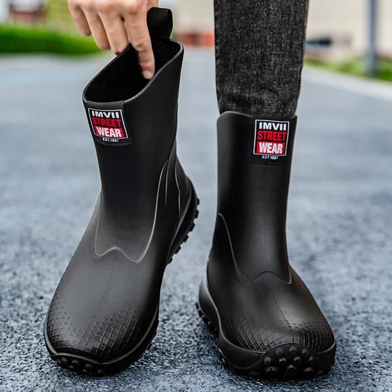 Bottes de pluie mi-mollet pour hommes, chaussures de pluie imperméables à enfiler en caoutchouc, bottes de boue de travail chaudes et durables, antidérapantes, chaussures de pêche
