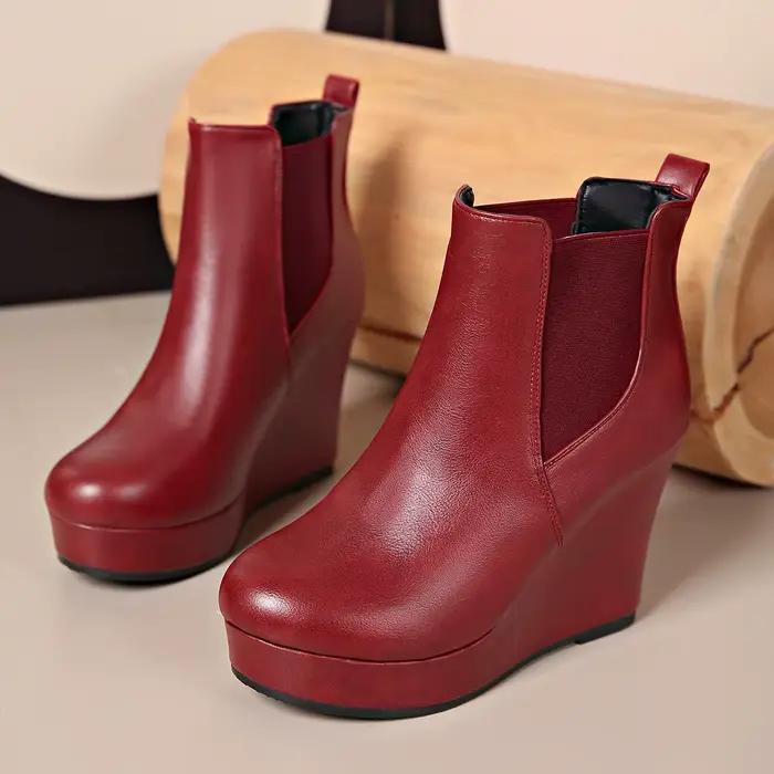Bottines Chelsea à talon compensé pour femmes, bottines courtes décontractées en simili cuir de couleur unie avec côtés élastiques, à enfiler, pour le printemps et l'automne