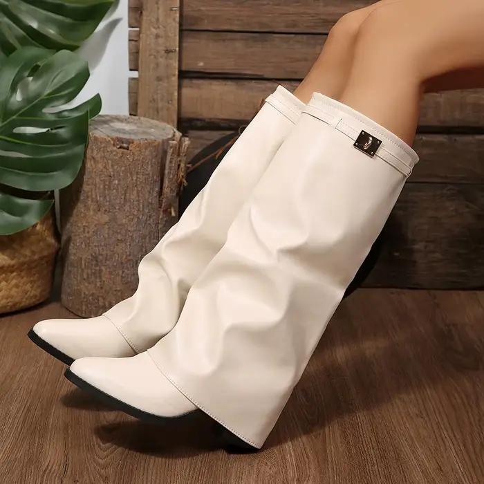 Bottines mi-mollet pour femmes, bout pointu, talon bloc bas, dessus lisse, tige souple, détails en métal, chaussures décontractées et tendance.
