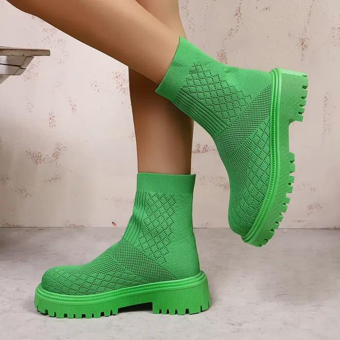 Bottines courtes en tricot, polyvalentes et respirantes, semelle épaisse, talon épais, extensibles, nouvelles bottines hautes simples et décontractées.