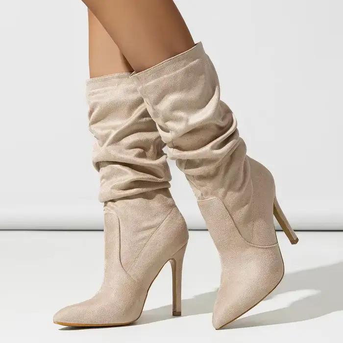 Bottes plissées mi-mollet pour femmes, talon haut et fin, avocat, boîte de nuit en plein air, soirée, banquet de mariage, rassemblement solide