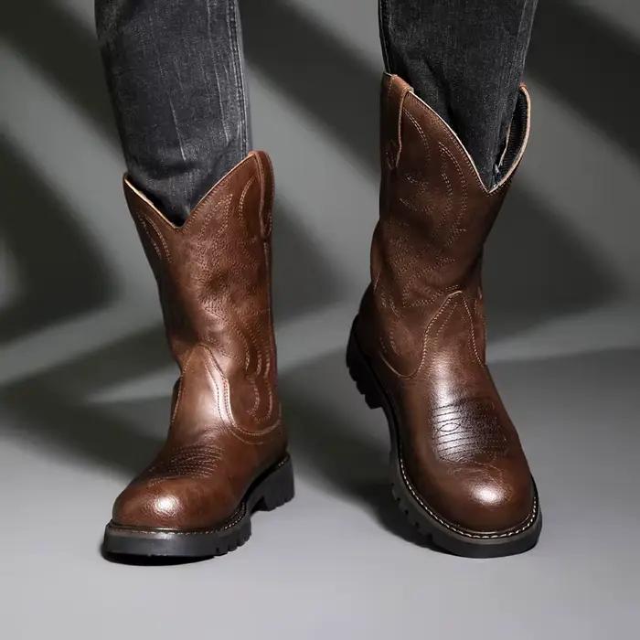 Bottes de chevalier vintage en cuir antidérapantes pour hommes, mi-mollet, talons en forme de fer à cheval, haute tige, printemps automne hiver, style éthnique, occassions spéciales, randonnées équestres, cadeaux mémorables
