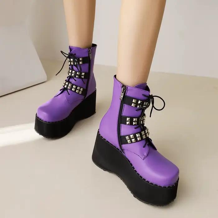 Bottes à plate-forme rétro Super épaisse, lanière croisée en métal, talon haut, étanche, mi-mollet, 