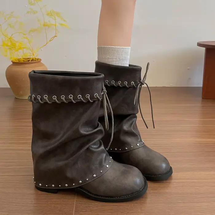 Bottes mi-mollet souples pour femmes, bout rond, à lacets, décorées de rivets, talon épais, en cuir PU, style vintage, pour l'automne et l'hiver, usage quotidien, bottes western