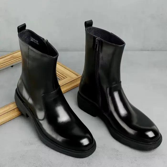 Bottes britanniques à tube moyen pour hommes, cuir, coton, velours, chaud, fermeture éclair