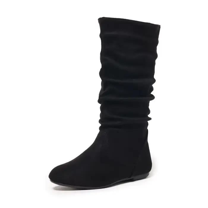 Plissé PU visage femmes bottes de mode côté ramen décontracté bout rond plat femmes bottes hautes co