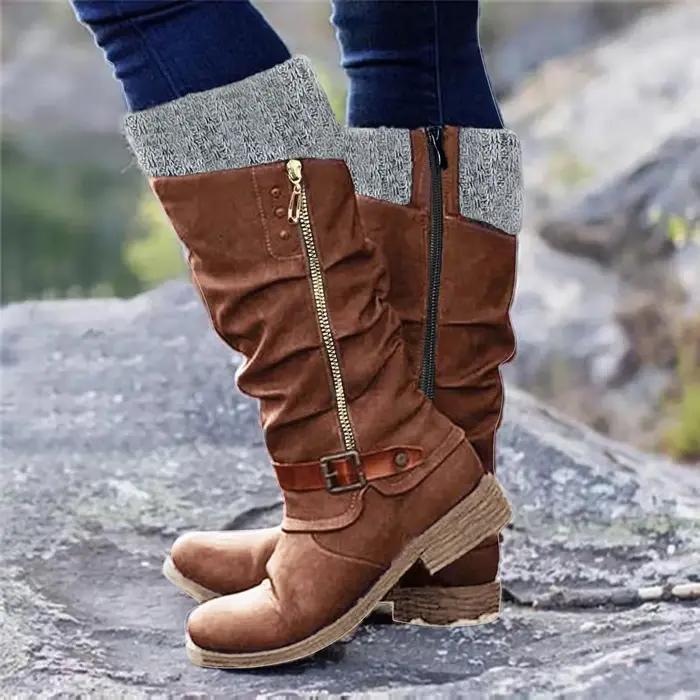 Vintage femmes bottes bout rond décontracté genou bottes hautes automne hiver mode chaud dames chaus