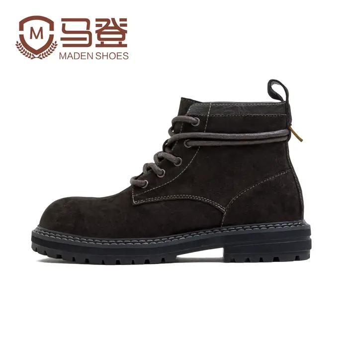 Maden-Bottes mi-hautes marron rétro pour hommes, cuir véritable, chaussures décontractées respirante