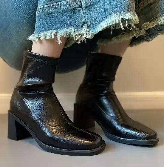 Bottes élastiques polyvalentes à talons hauts et épais pour femmes, style automne, chaussures à ferm