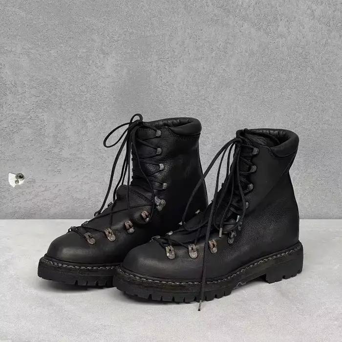 Bottes de moto en cuir véritable pour hommes, chaussures d'alpinisme à lacets en métal, bottes de ra