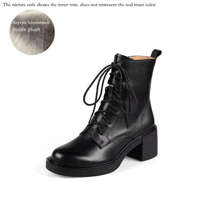 Bottes d'hiver 2026 en cuir véritable pour femme, à bout rond, talon épais, à lacets, bottines mode