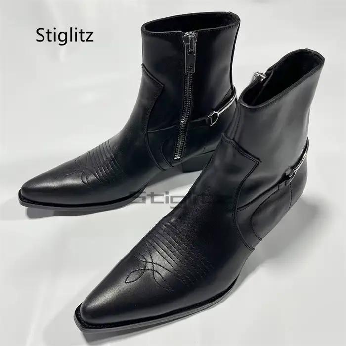 Bottes de Cowboy brodées en cuir véritable pour hommes, Style britannique, tendance, polyvalentes, n