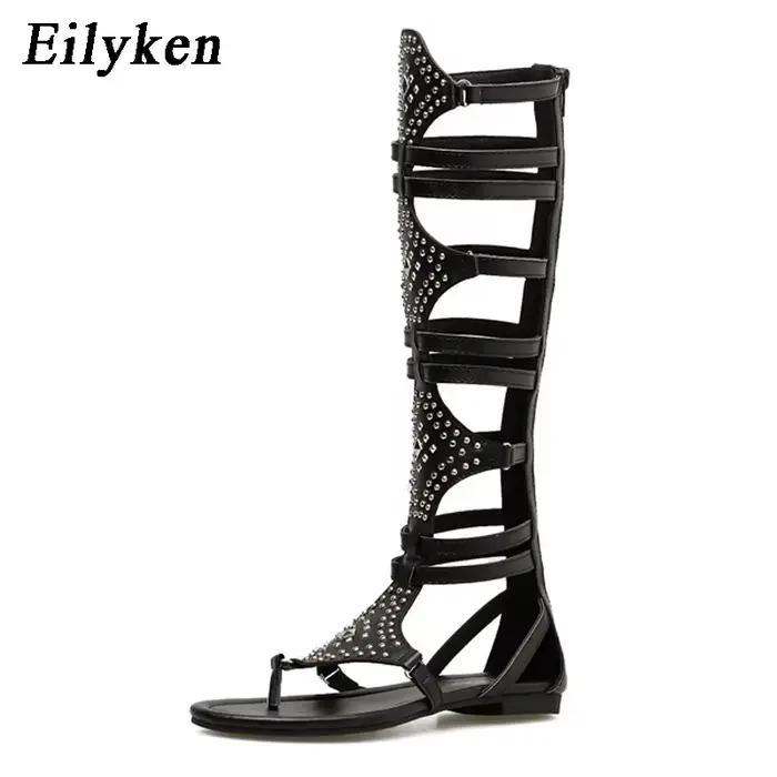 Eilyken 2026 nouveau gladiateur doré romain femmes bottes sandales en cuir PU bout ouvert genou haut