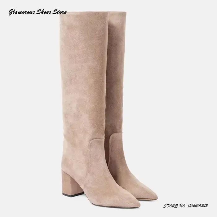 Bottes concises en daim et cuir pour femmes, chaussures à bout pointu et à talons moyens et épais, c