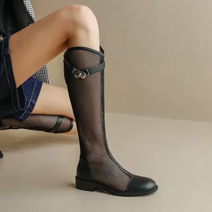 Bottes hautes en maille au genou pour femmes, bottes de chevalier en maille respirante à bouche en V