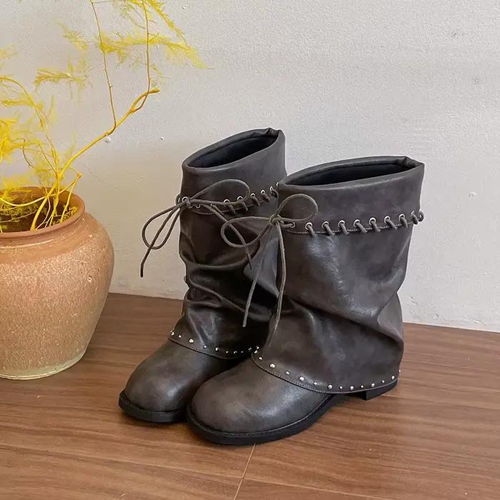 Bottes mi-mollet souples pour femmes, bout rond, à lacets, décorées de rivets, talon épais, en cuir