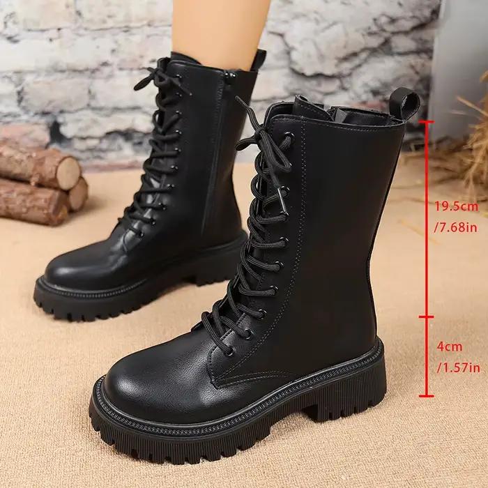 Style britannique noir mi-mollet bottes pour femmes en cuir Pu talons épais moto Botas Mujer automne