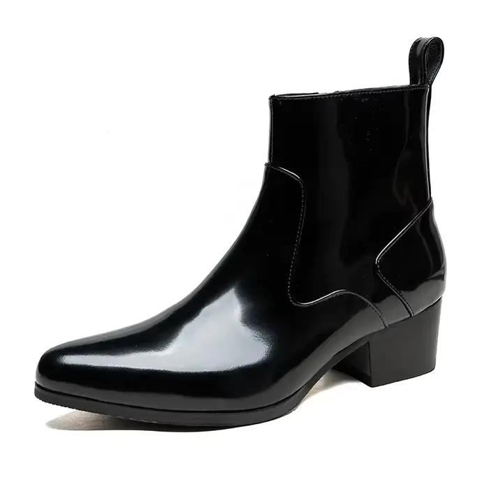 Bottes à plateforme en cuir verni pour hommes avec talons, chaussures chaudes d'hiver de luxe en cui