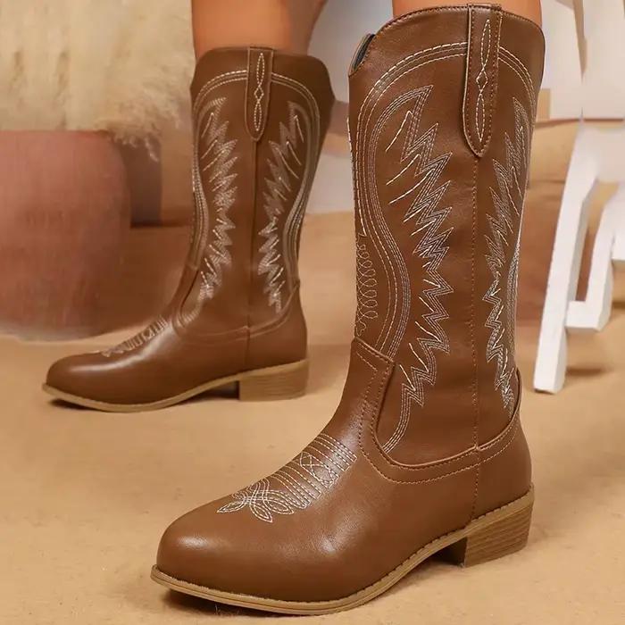 Bottes de cowboy vintage brodées marron pour femme, bottes western mi-mollet à bout pointu pour l'au
