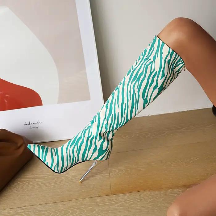 Bottes hautes pointues à motif zèbre pour femmes, métal, super haut, talon aiguille, sexy, longues,