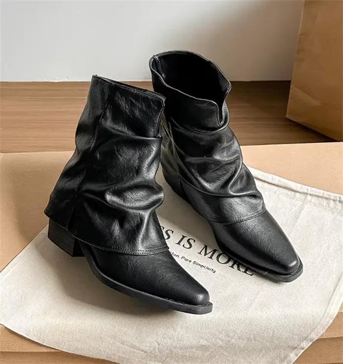 Bottines pour femmes, bottines à talon carré, bout pointu, à enfiler, rétro, en cuir PU, concises et