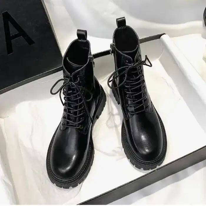 Bottines en cuir Pu marron pour femmes, chaussures de moto courtes en peluche, Vintage, à lacets, av