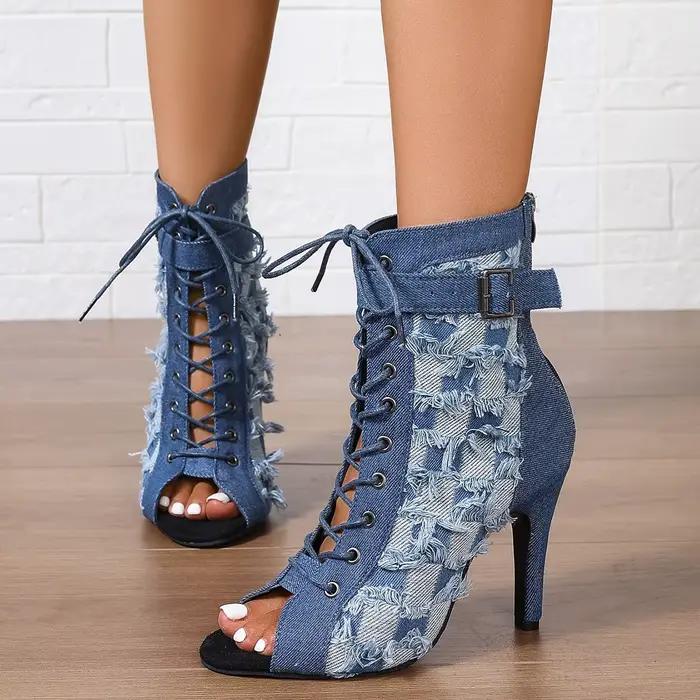 Denim femmes Peep Toe bottines mode élégant respirant chaussures à talons hauts femmes moderne chaus