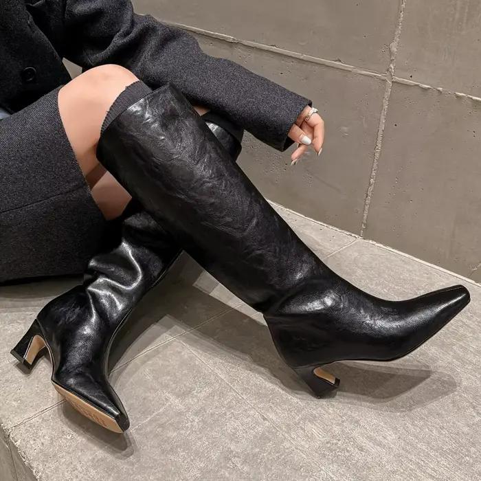 Bottes de chevalier en cuir véritable pour femmes, talon haut fin de 5.5cm, bout carré, hauteur du g