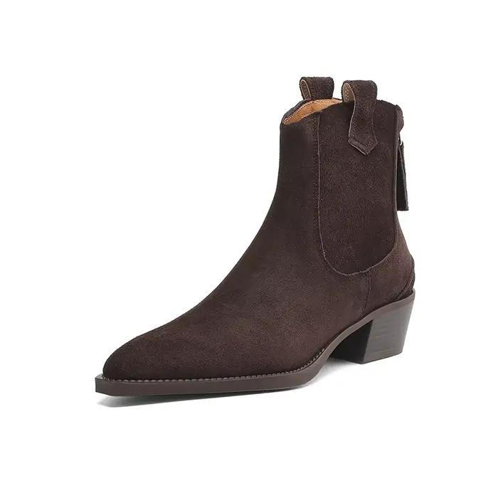 2025 automne hiver tendance vache daim femmes bottes occidentales noir marron kaki violet vert borde