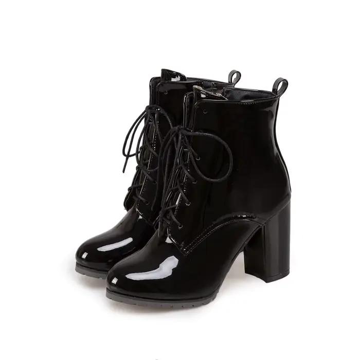 Bottes de rinçage à lacets vernies pour femmes, chaussures de nuit, talons hauts, botte courte, bleu
