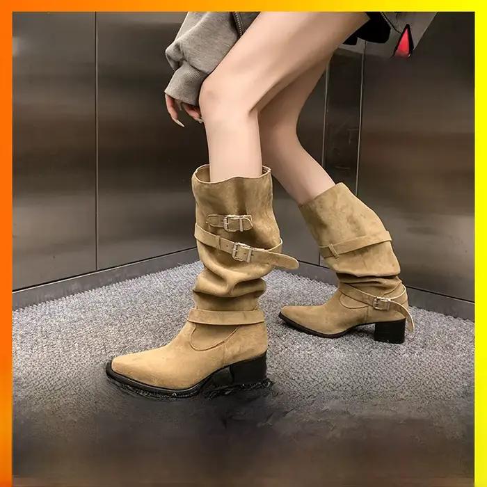 Bottes longues à talon épais et bout pointu avec boucle de ceinture, style sexy et large, pour jeune