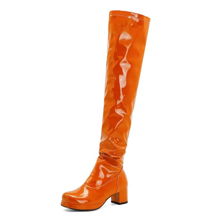 Cuissardes à talons mi-hauts en cuir verni respirant, orange, vert, brillant, violet, jaune, rouge
