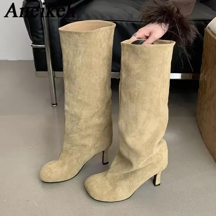 Aneikeh mode bout carré moto genou haut bas talons fins bottes femmes automne hiver femme chaussons