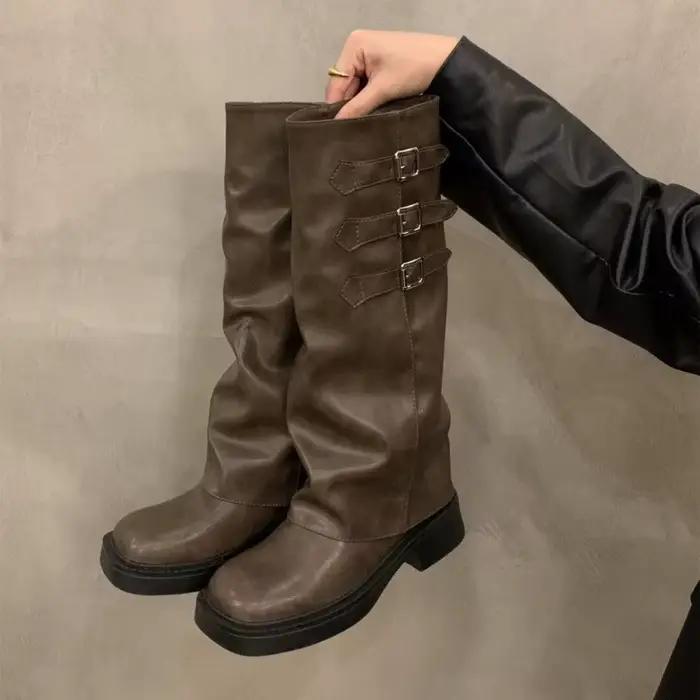 Bottes à semelle épaisse et style décontracté, bottes longues vintage mi-mollet à talon empilé pour
