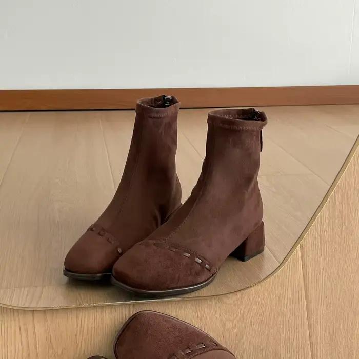 Bottines à talons épais pour femme, doublées de polaire, à bout carré, élégantes, pour soirée, court