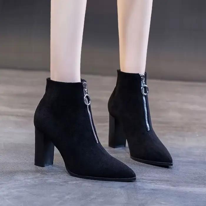 Chaussures courtes pour femmes daim femme bottines travail chaussons bout pointu noir en offre Promo