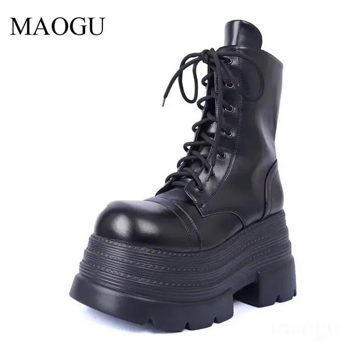 Bottes à plateforme en cuir noir pour femmes, semelle épaisse, hauteur accrue, mi-mollet, taille 36-