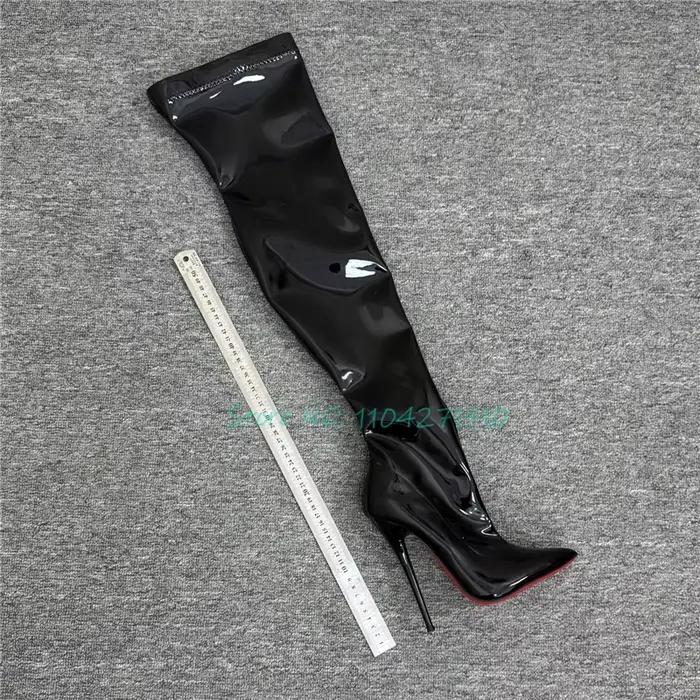 Bottes Sexy en cuir verni au dessus du genou pour femmes, bout pointu, fermeture éclair latérale, ta