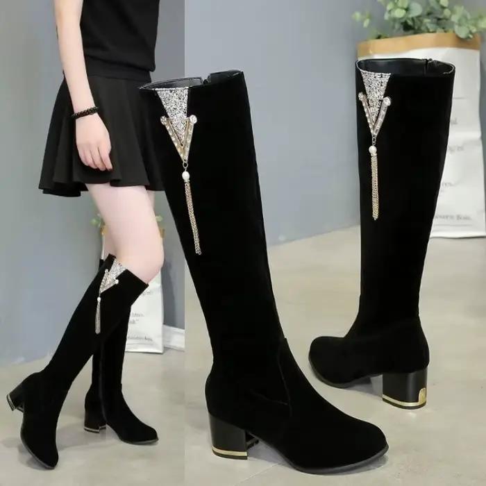 Talons femmes bottes fermetures éclair latérales femmes bottes longues talons épais chaussures haute