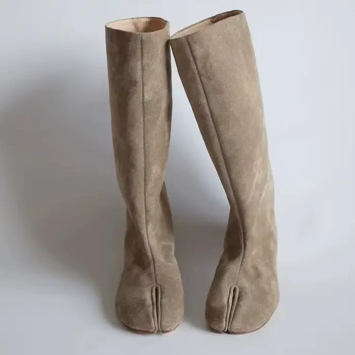 Bottes longues souples en cuir pour femme, bottes hautes au genou exquises, chaussures Tabi à bout f