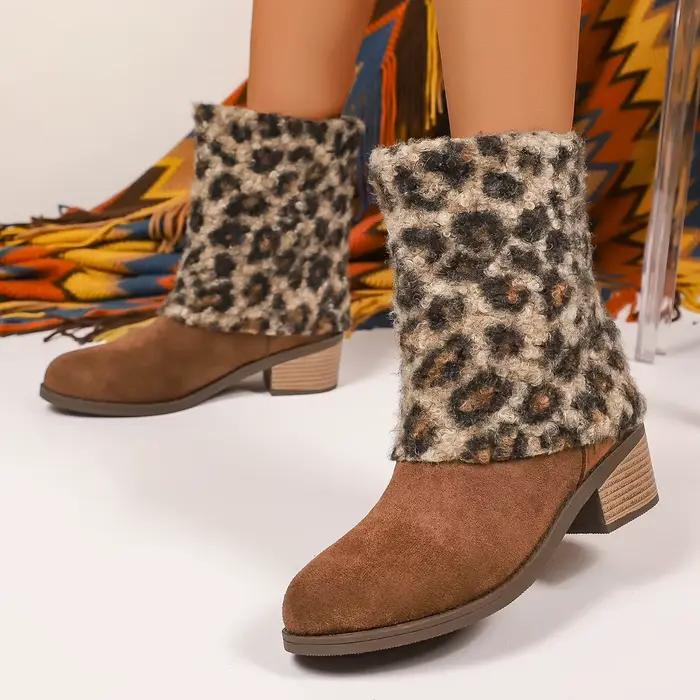 Léopard polaire talon épais mi-mollet bottes femmes hiver luxe daim concepteur bottes courtes grande