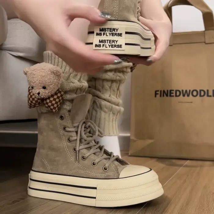 Nouvelles Bottes Courtes en Daim PU pour Femme 2026, Baskets Montantes Noires pour Filles et Étudian