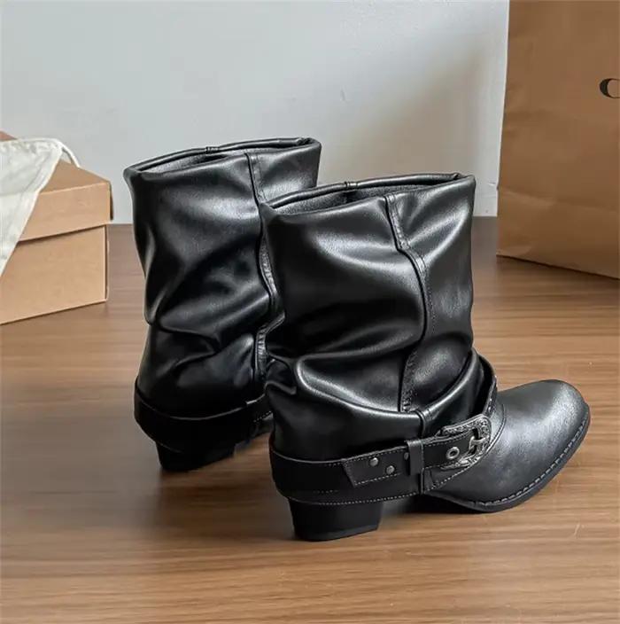 Bottes à talon compensé pour femme, style vintage, à bout pointu, avec boucle de ceinture noire, bot