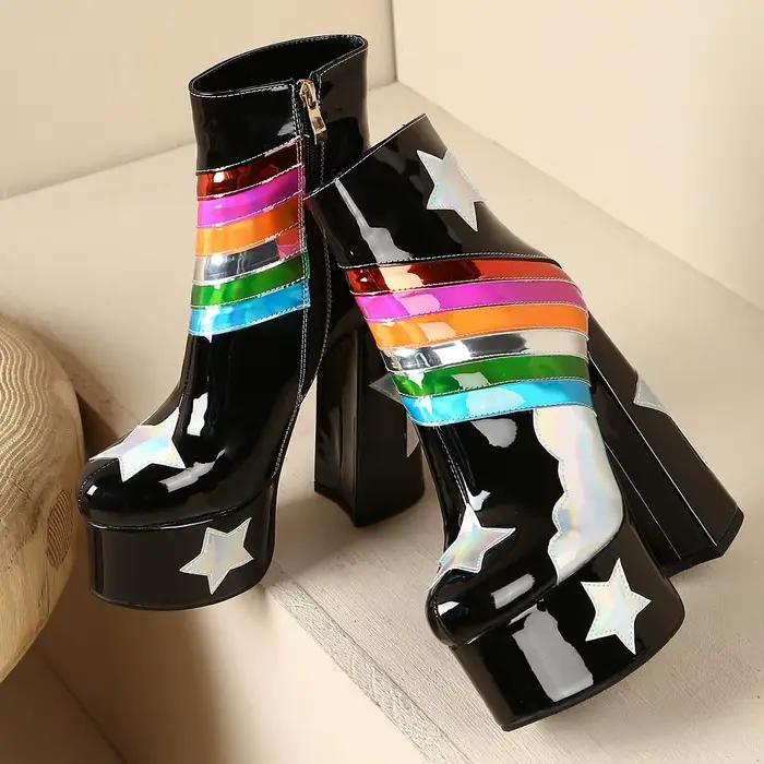 【JOCHEBED HU】 bottes courtes arc-en-ciel à plateforme très haute pour femmes ciel nuages fond épais