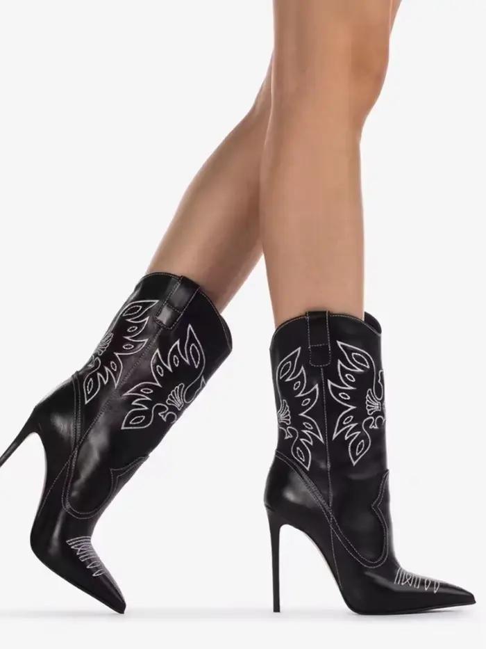 Bottes mi-mollet western pour femme, talons aiguilles pointus, broderie strass, style rétro, à enfil